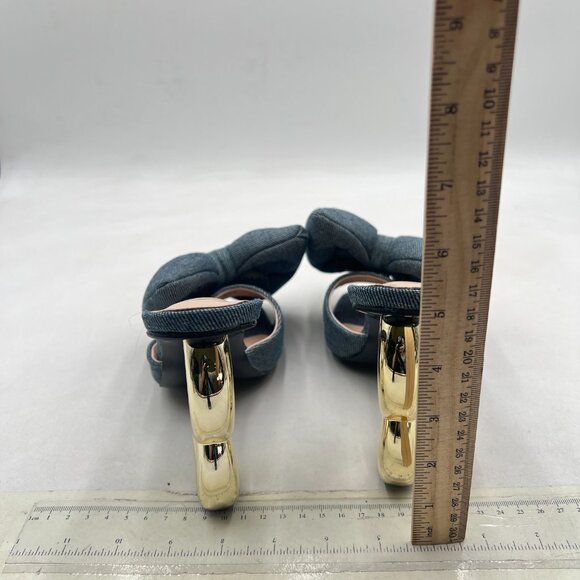 YDN Denim Blue Bowknot Mules Slip On Metal Slippers Chunky High Heels Sandals - Picture 5 of 8